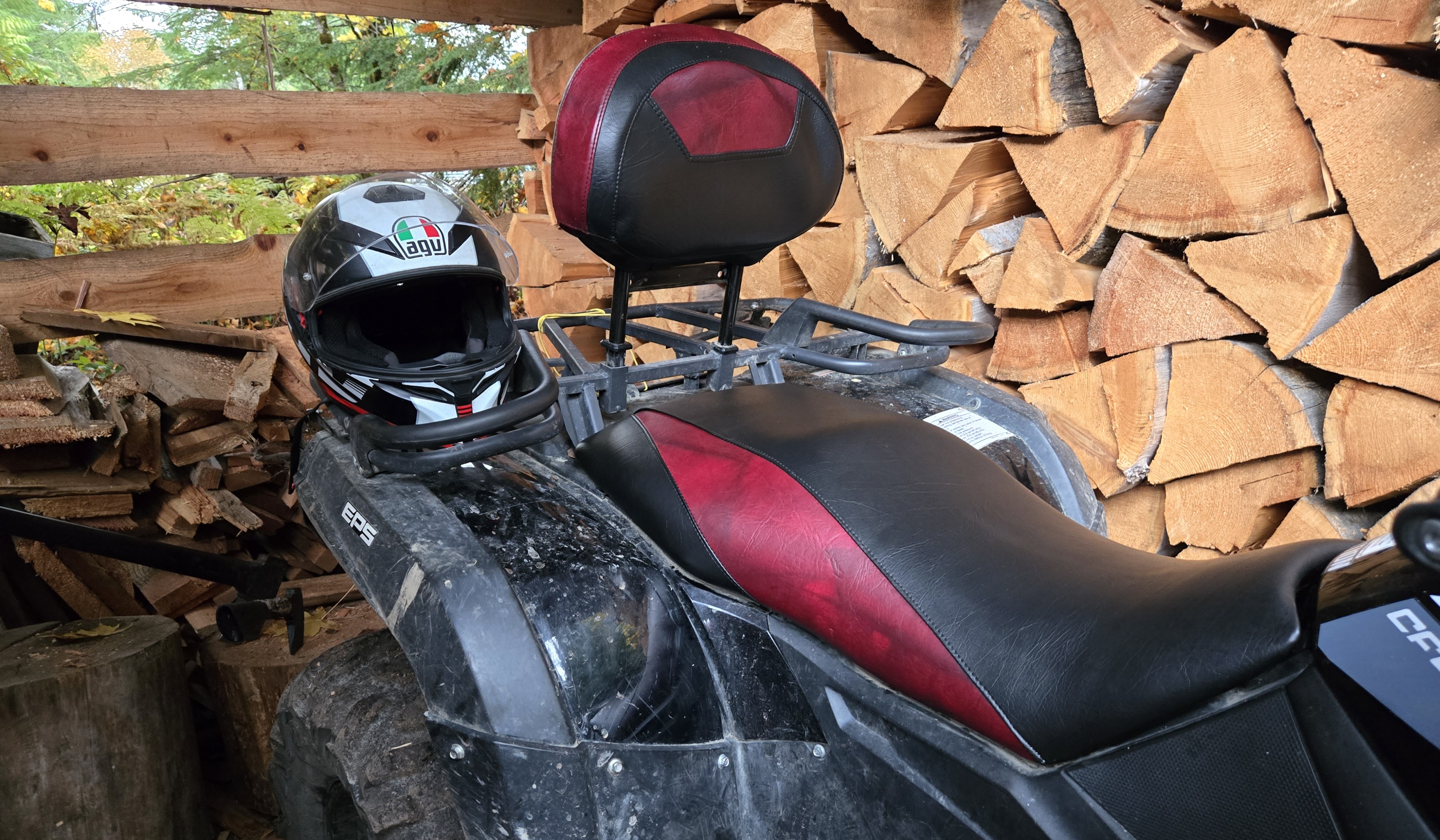 Custom black and burgundy ATV upholstery installed